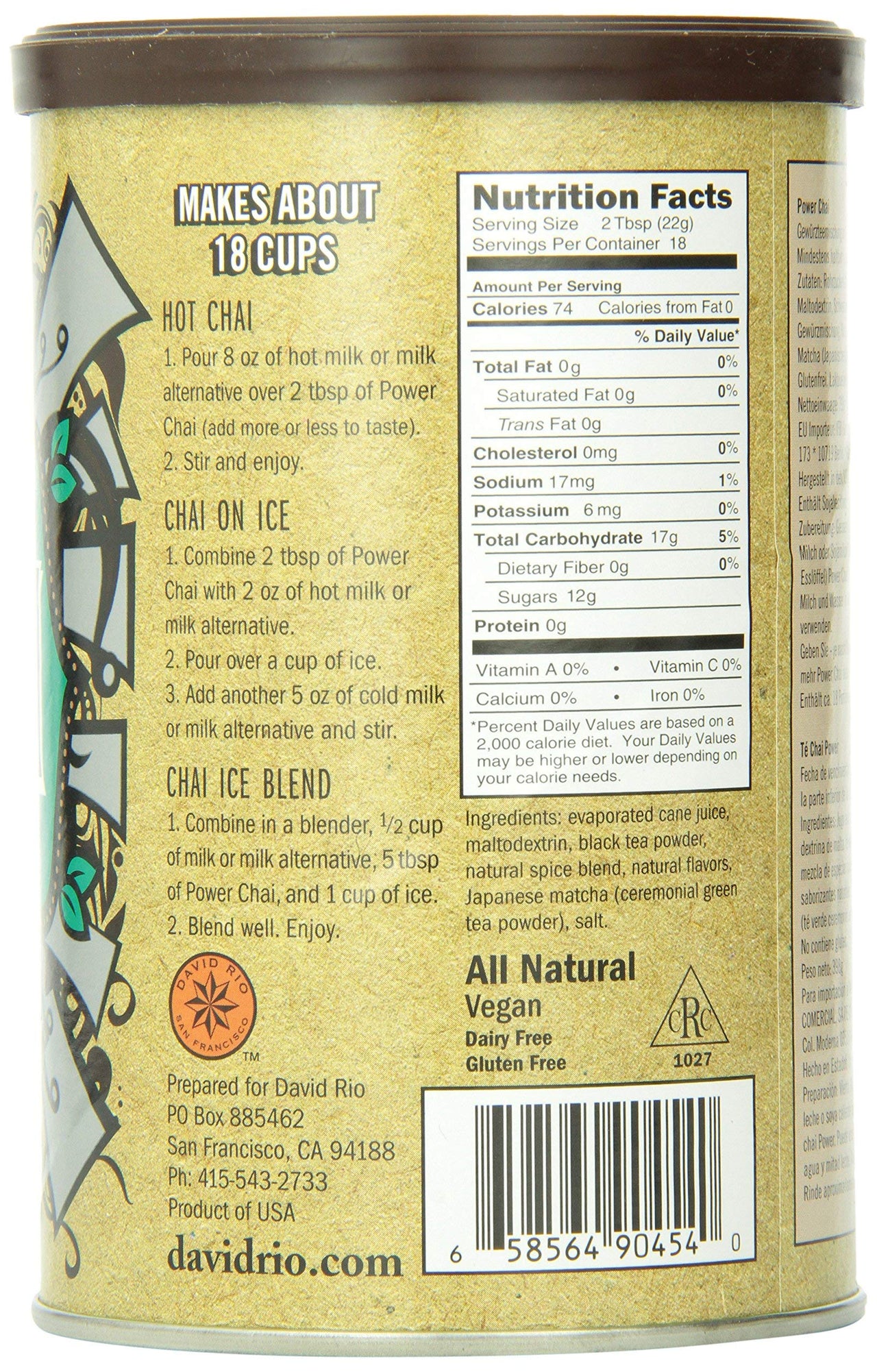 David Rio Power Chai With Matcha, 14 Ounce (Pack of 1)