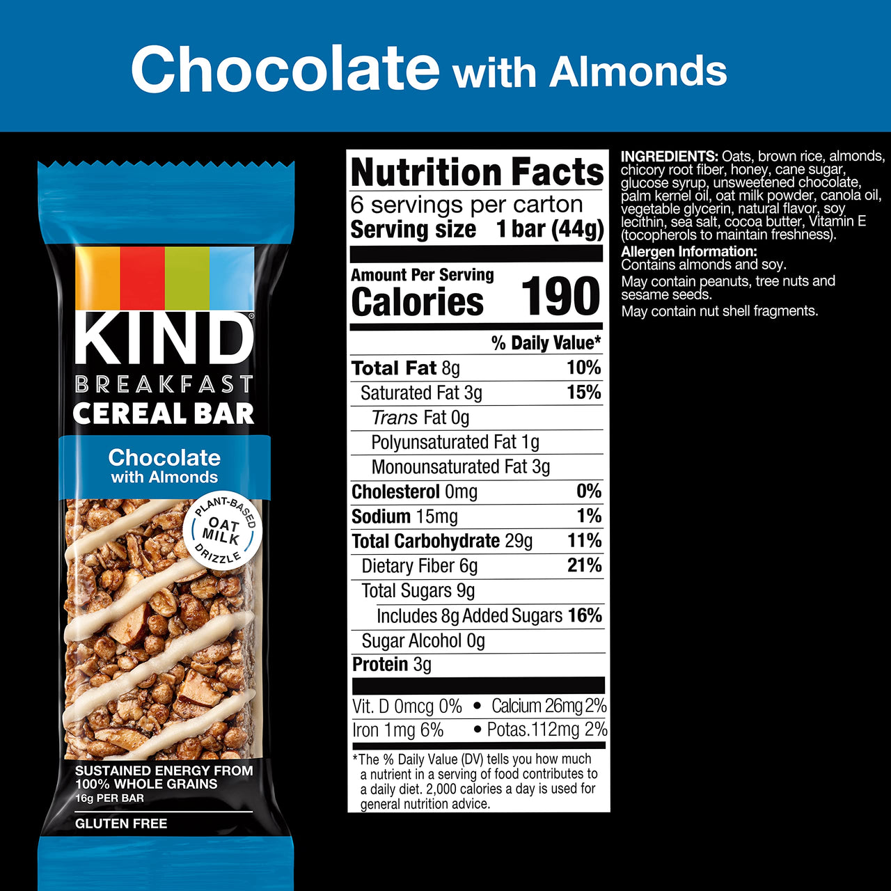 KIND Breakfast Cereal Bars, Gluten Free Snacks, Chocolate with Almonds, 9.3oz Box (36 Bars)