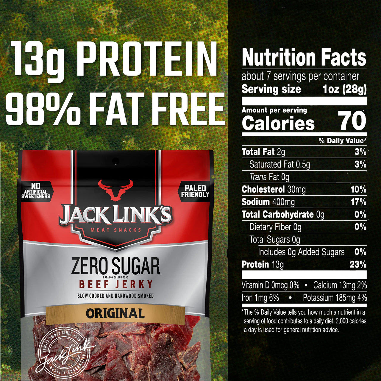 Jack Link's  Beef Jerky, Zero Sugar, Paleo Friendly Snack with No Artificial Sweeteners, 13g of Protein and 70 Calories Per Serving, No Sugar Everyday Snack, 7.3 oz (Pack of 2)