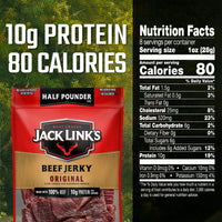 Jack Link's  Beef Jerky, Original, 1/2 Pounder Bag - Flavorful Meat Snack, 10g of Protein and 80 Calories, Made with Premium Beef - 96% Fat Free, No Added MSG** or Nitrates/Nitrites, 8oz