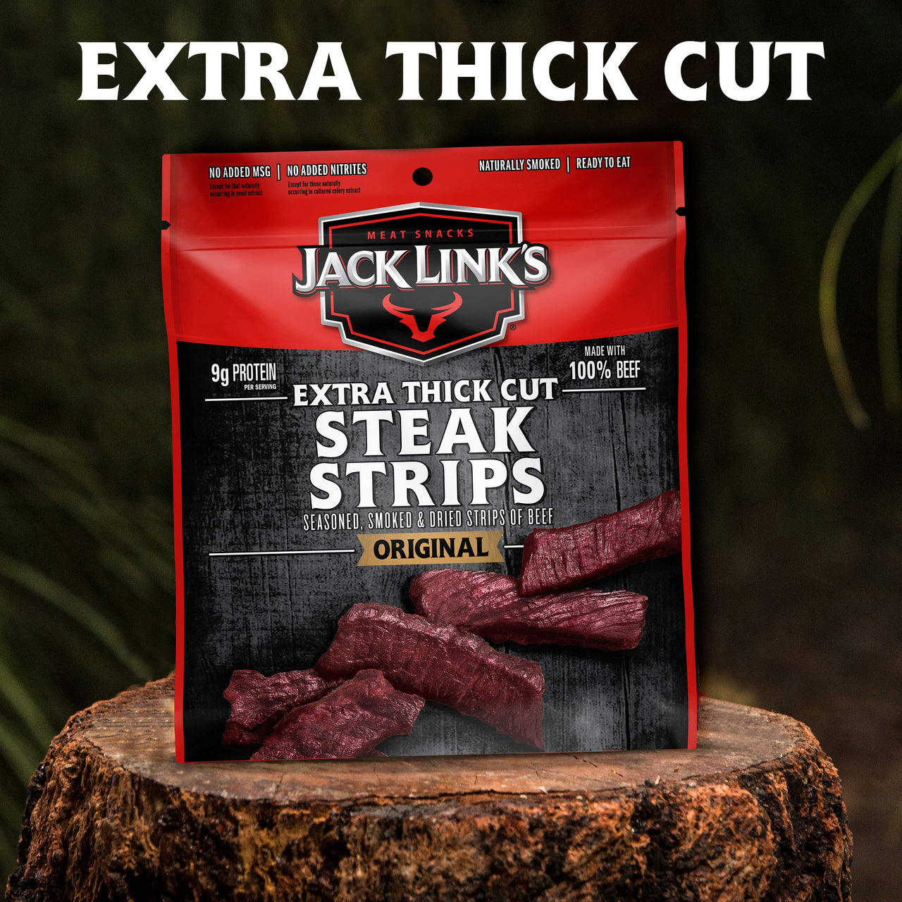 Jack Link's  Extra Thick Cut Steak Strips, Beef Jerky, Original Flavor, Ready to Eat Snack Bags, 9g of Protein, 70 Calories, Made with Premium Beef, 96 Percent Fat Free, 2.6 Oz (Pack of 4)