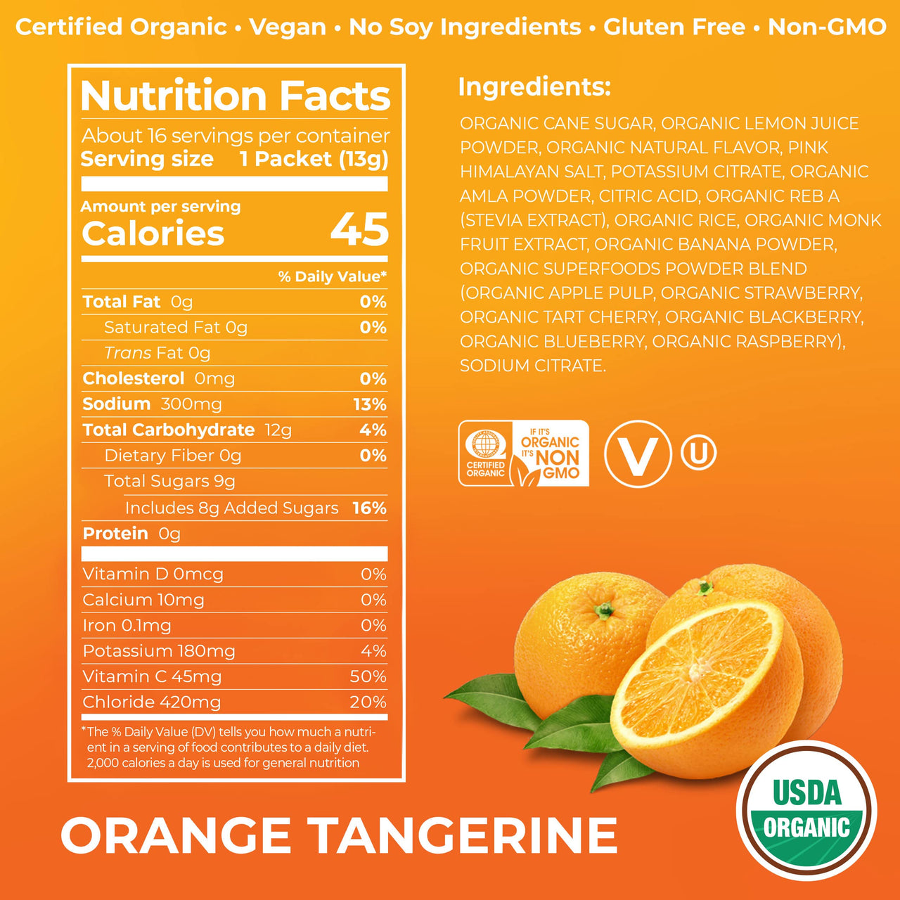 Organic Rapid Hydration Packets by Orgain, Orange Tangerine Hydro Boost - With Electrolytes & Superfoods, Less Sugar, Gluten Free, Vegan, No Soy Ingredients or Artificial Flavors, Non-GMO (Pack of 16)