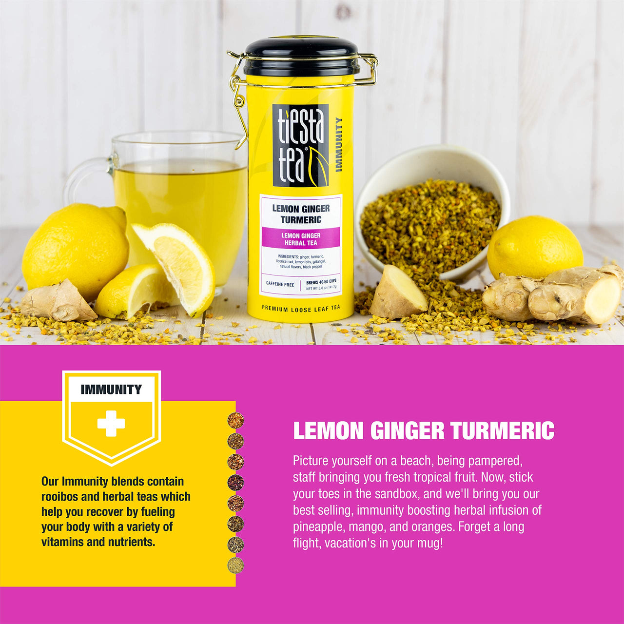Lemon Ginger Turmeric, Loose Leaf Lemon Ginger Herbal Tea, Non-Caffeinated, Hot & Iced Tea, 5 oz Tin - 50 Cups, Natural Flavors, No Artificials, Herbal Tea Loose Leaf Blend