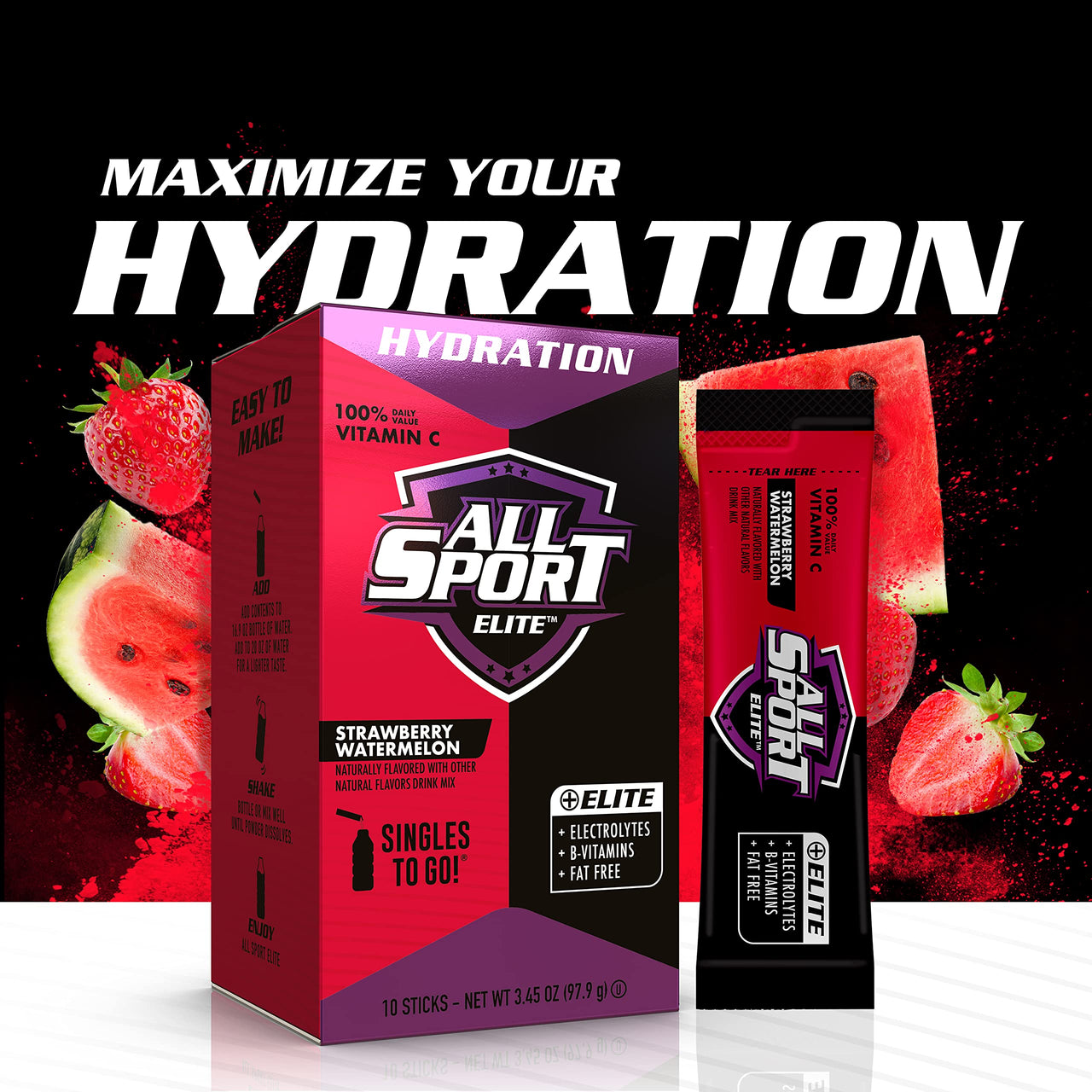 ALL SPORT ELITE - Electrolyte Hydration Performance - Strawberry Watermelon - Singles To Go Powder Packets (10 Sticks)