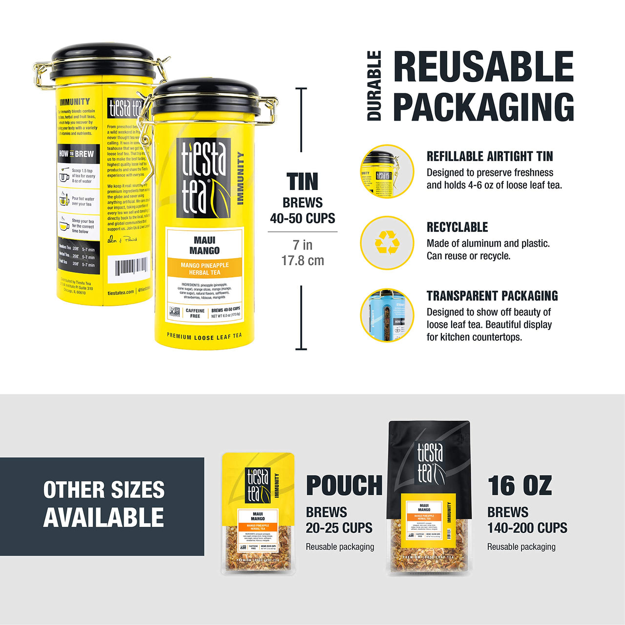 Lemon Ginger Turmeric, Loose Leaf Lemon Ginger Herbal Tea, Non-Caffeinated, Hot & Iced Tea, 5 oz Tin - 50 Cups, Natural Flavors, No Artificials, Herbal Tea Loose Leaf Blend