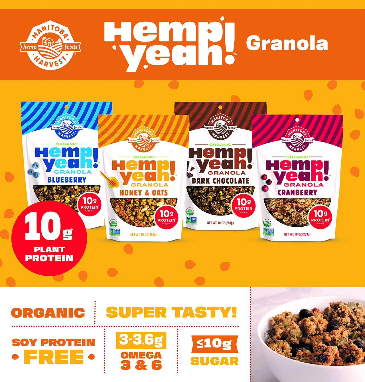 Manitoba Harvest Hemp Yeah! Granola, with 10 g of Protein, 3.5 g Omegas, 3 g of Fiber and less than 10 g Sugar Per Serving, Organic, Non-GMO, Honey & Oats, 10 Oz, Packaging May Vary