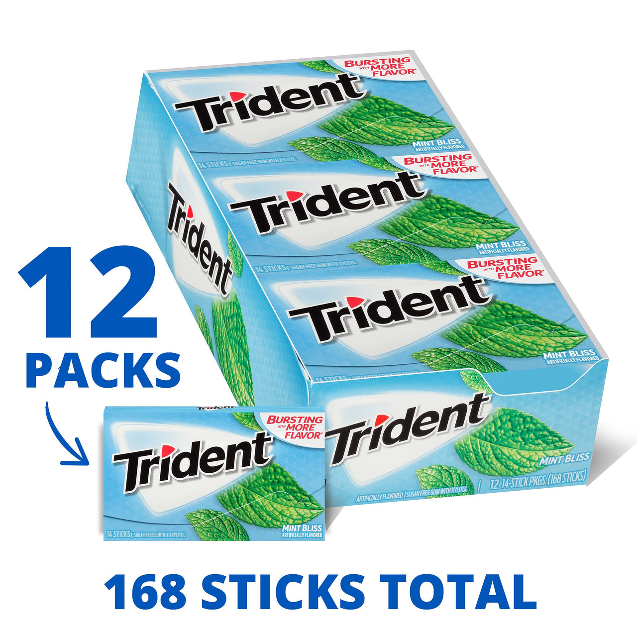 Trident Mint Bliss Sugar Free Gum, 12 Packs of 14 Pieces (168 Pieces)