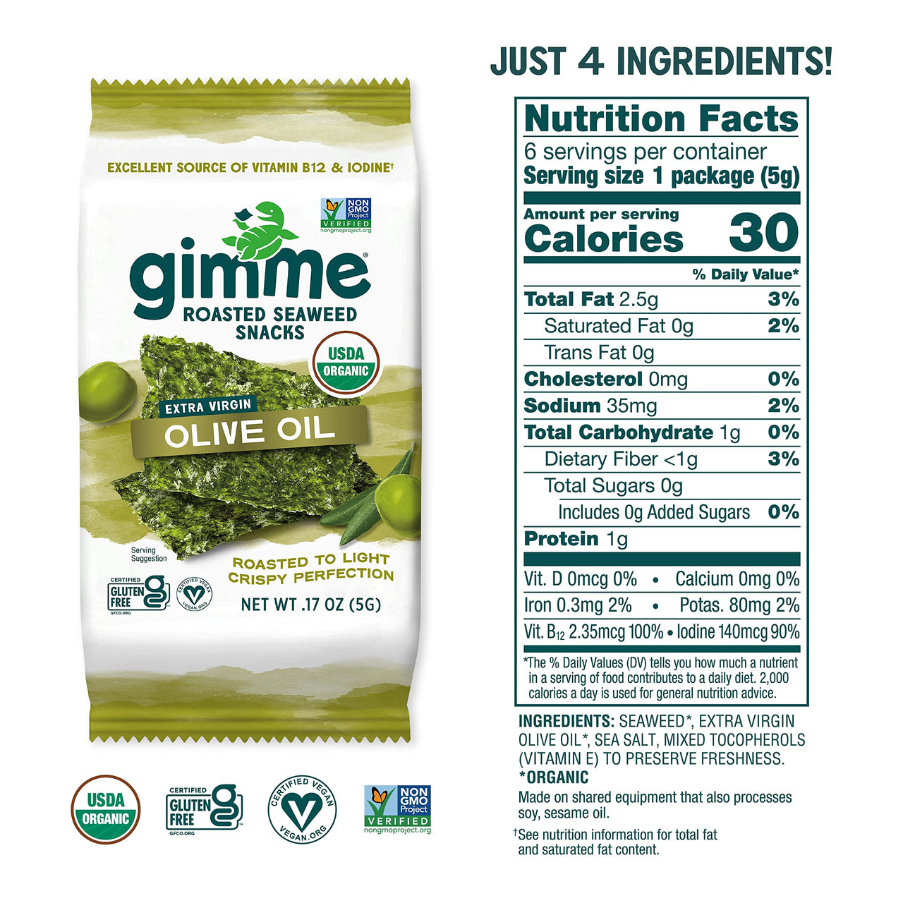 gimMe - Extra Virgin Olive Oil - 6 Count - Organic Roasted Seaweed Sheets - Keto, Vegan, Gluten Free - Great Source of Iodine & Omega 3s - Healthy On-The-Go Snack for Kids Adults