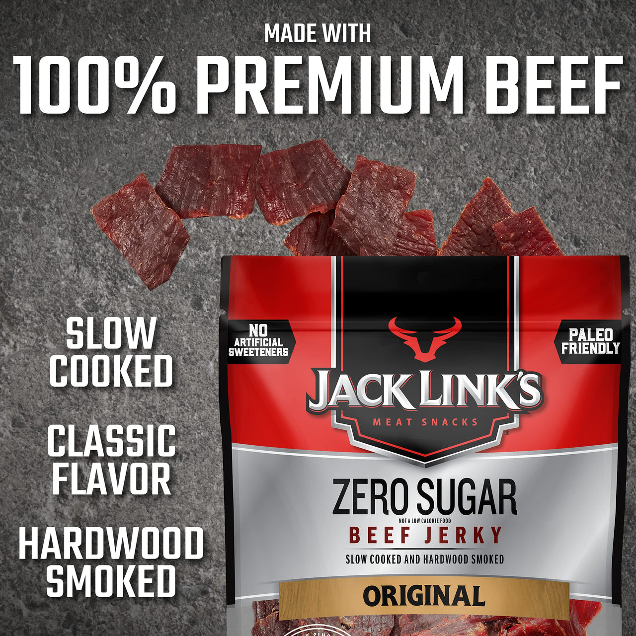 Jack Link's  Beef Jerky, Zero Sugar, Paleo Friendly Snack with No Artificial Sweeteners, 13g of Protein and 70 Calories Per Serving, No Sugar Everyday Snack, 7.3 oz (Pack of 2)