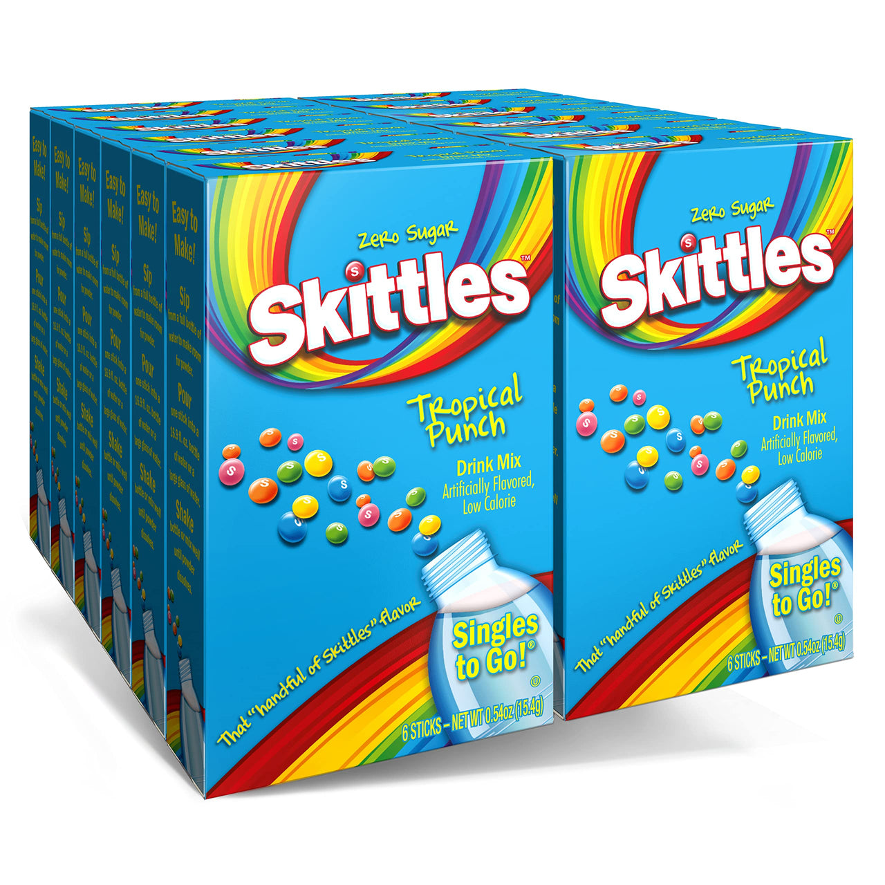 Skittles Tropical Punch Singles to Go Powdered Drink Mix, Zero Sugar, Low Calorie, Includes 12 boxes, 6 Servings per Box, 72 Total Servings,6 Count (Pack of 12)