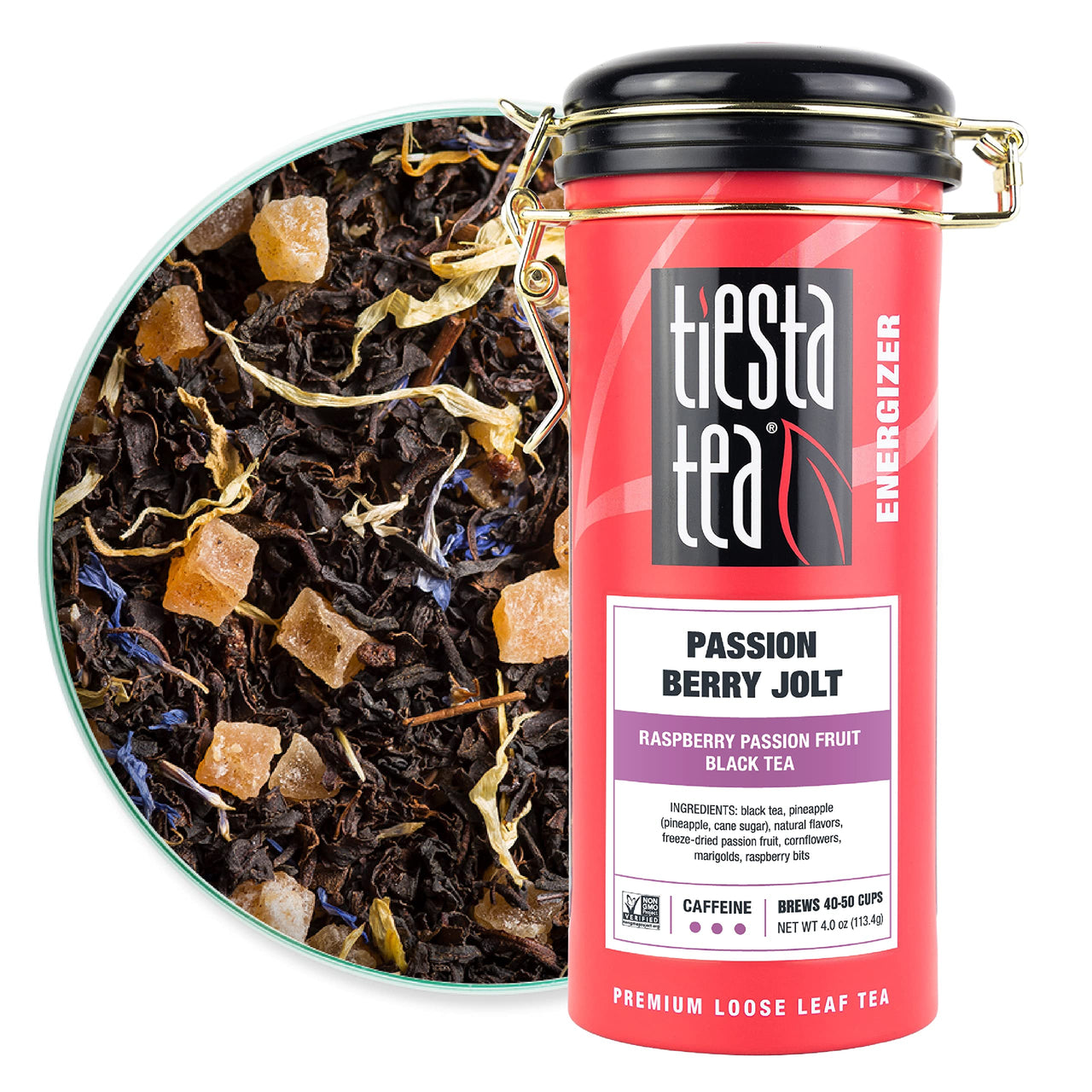 Tiesta Tea - Passion Berry Jolt, Loose Leaf Raspberry Passion Fruit Black Tea, High Caffeine, Hot & Iced Tea, 4 oz Tin - 50 Cups, Natural, Flavored, Black Tea Loose Leaf