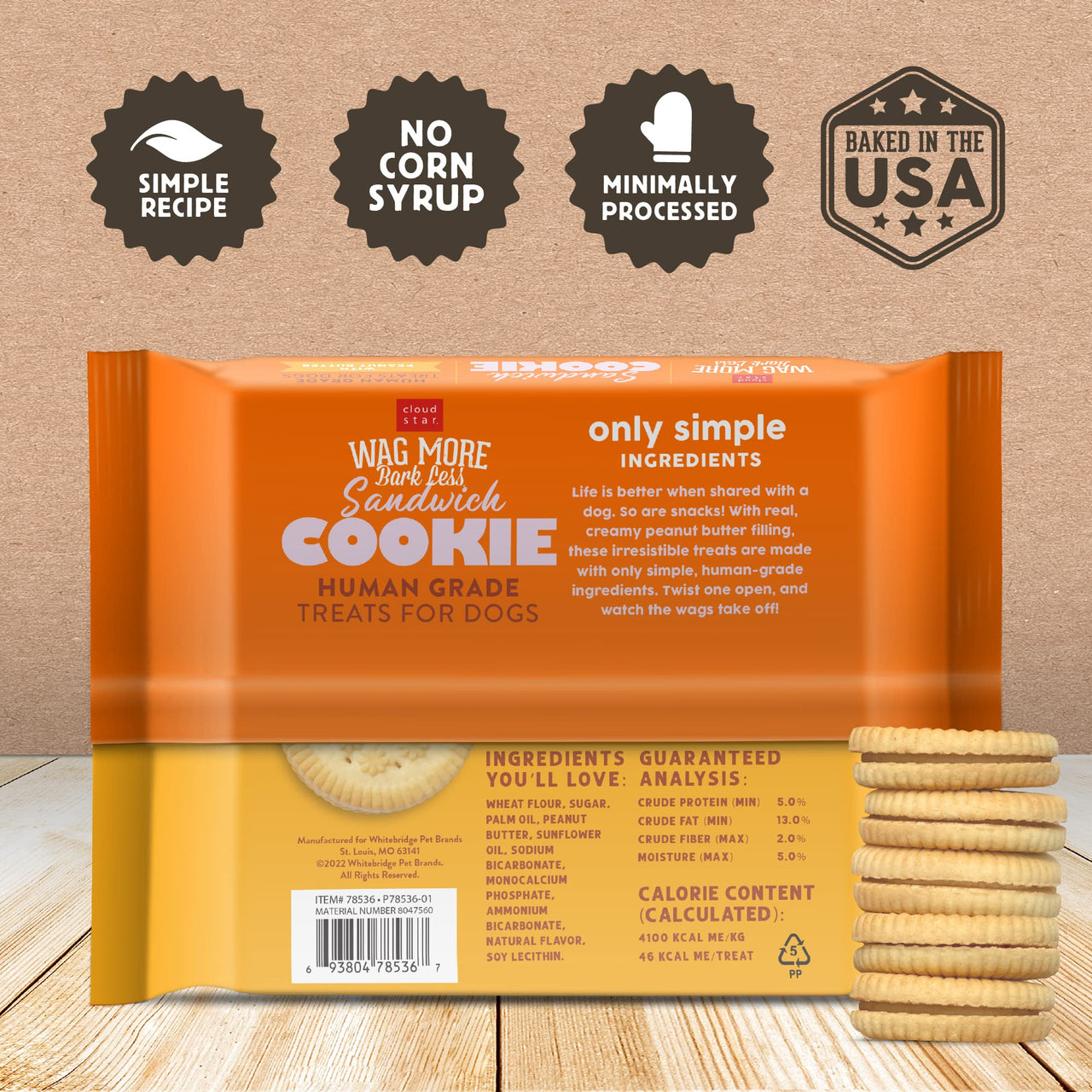 Cloud Star Wag More Bark Less Human Grade Sandwich Cookie Treats for Dogs, Peanut Butter 11.8 oz