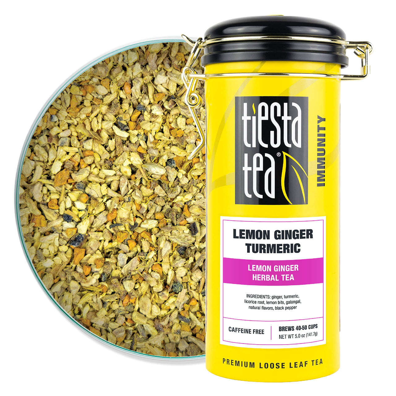 Lemon Ginger Turmeric, Loose Leaf Lemon Ginger Herbal Tea, Non-Caffeinated, Hot & Iced Tea, 5 oz Tin - 50 Cups, Natural Flavors, No Artificials, Herbal Tea Loose Leaf Blend