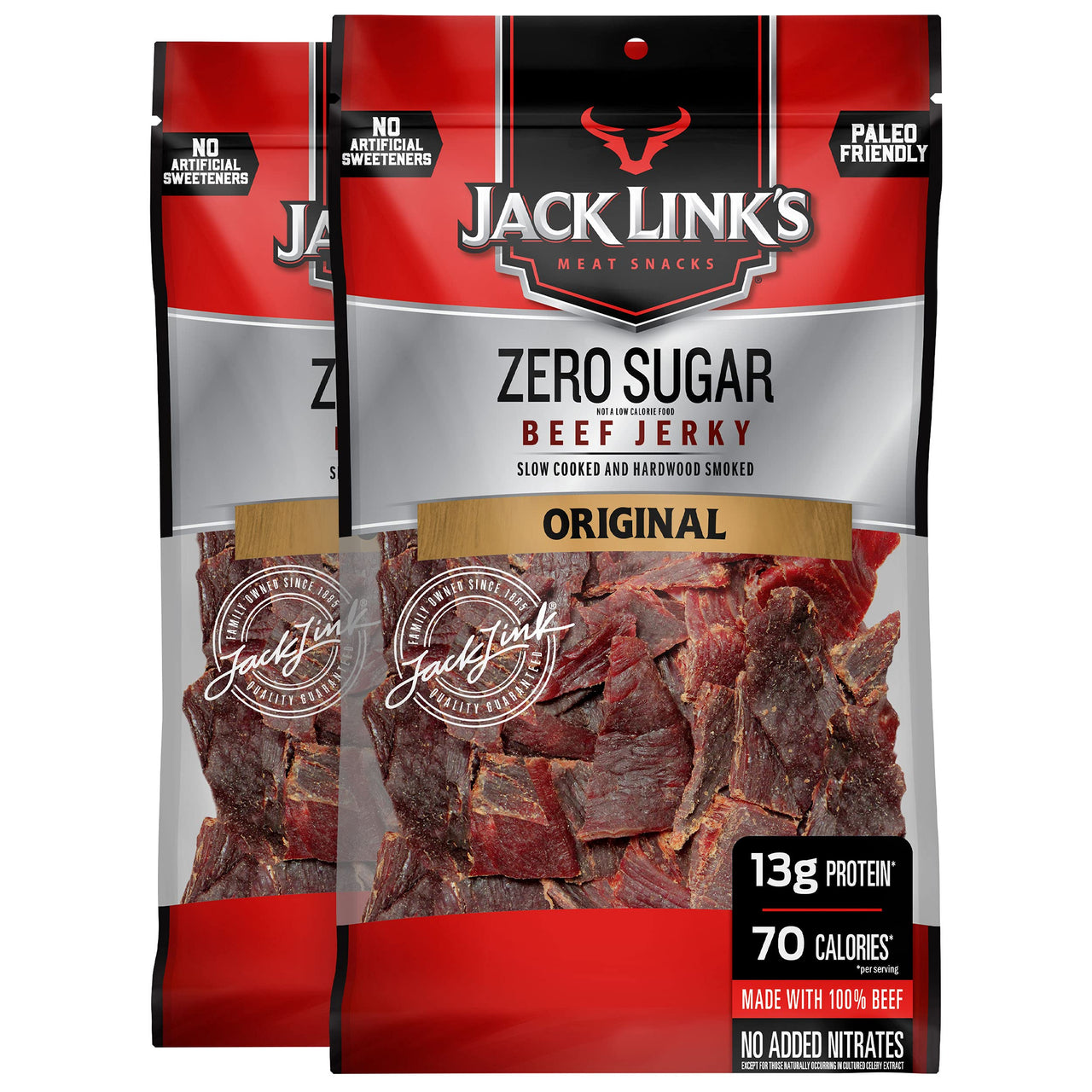 Jack Link's  Beef Jerky, Zero Sugar, Paleo Friendly Snack with No Artificial Sweeteners, 13g of Protein and 70 Calories Per Serving, No Sugar Everyday Snack, 7.3 oz (Pack of 2)