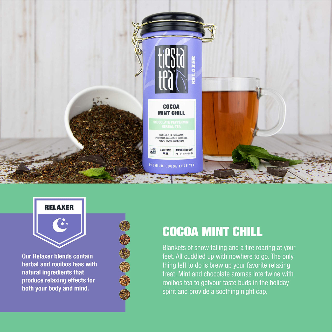 Tiesta Tea - Cocoa Mint Chill, Loose Leaf Chocolate Peppermint Herbal Tea, No Caffeine, Hot & Iced Tea, 3 oz Tin - 50 Cups, Natural Flavors, Stress Relief, Herbal Tea Loose Leaf