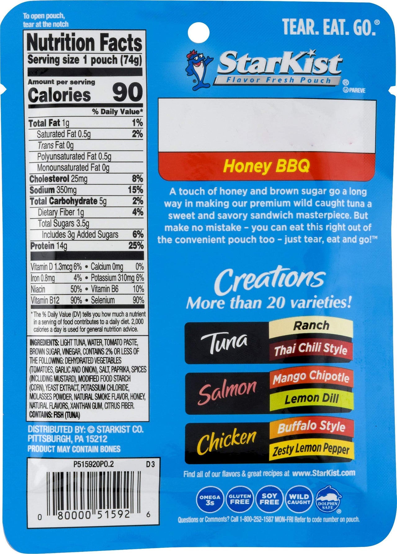 StarKist Tuna Creations Honey BBQ , Single Serve Pouch, 2.6 oz (Pack of 2)