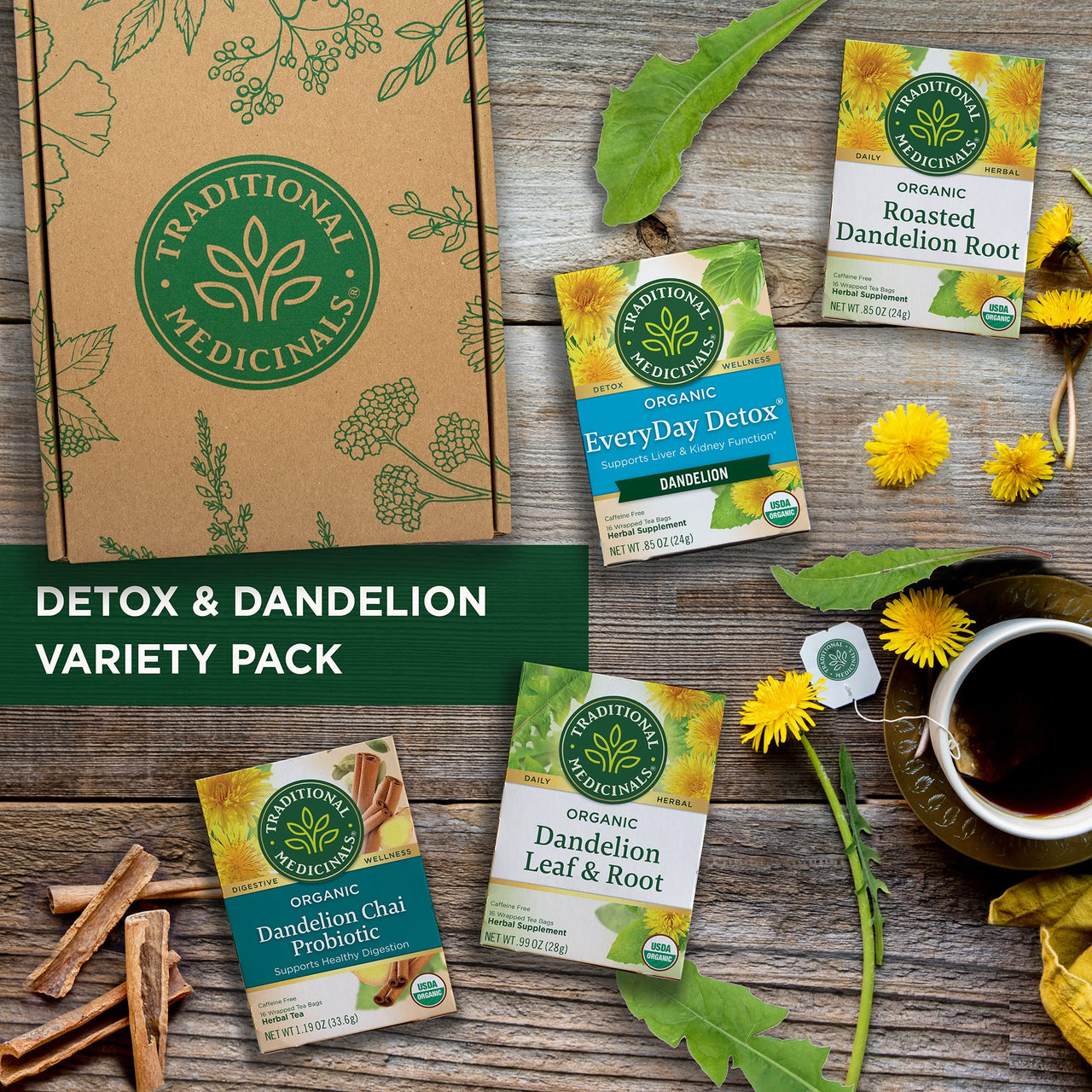 Traditional Medicinals Organic Dandelion & Detox Tea Variety Pack  Includes EveryDay Detox Dandelion, Dandelion Chai Probiotic, Roasted Dandelion Root, Dandelion Leaf & Root Teas  Supports Liver, Kidney, and Digestive Health - (4-Pack) - 64 Tea Bags Total