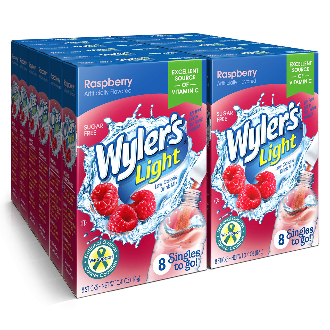 Wyler's  Light Singles To Go Powder Packets, Water Drink Mix, Raspberry, 8 Packets per Box, 96 total Packets (Pack of 12)