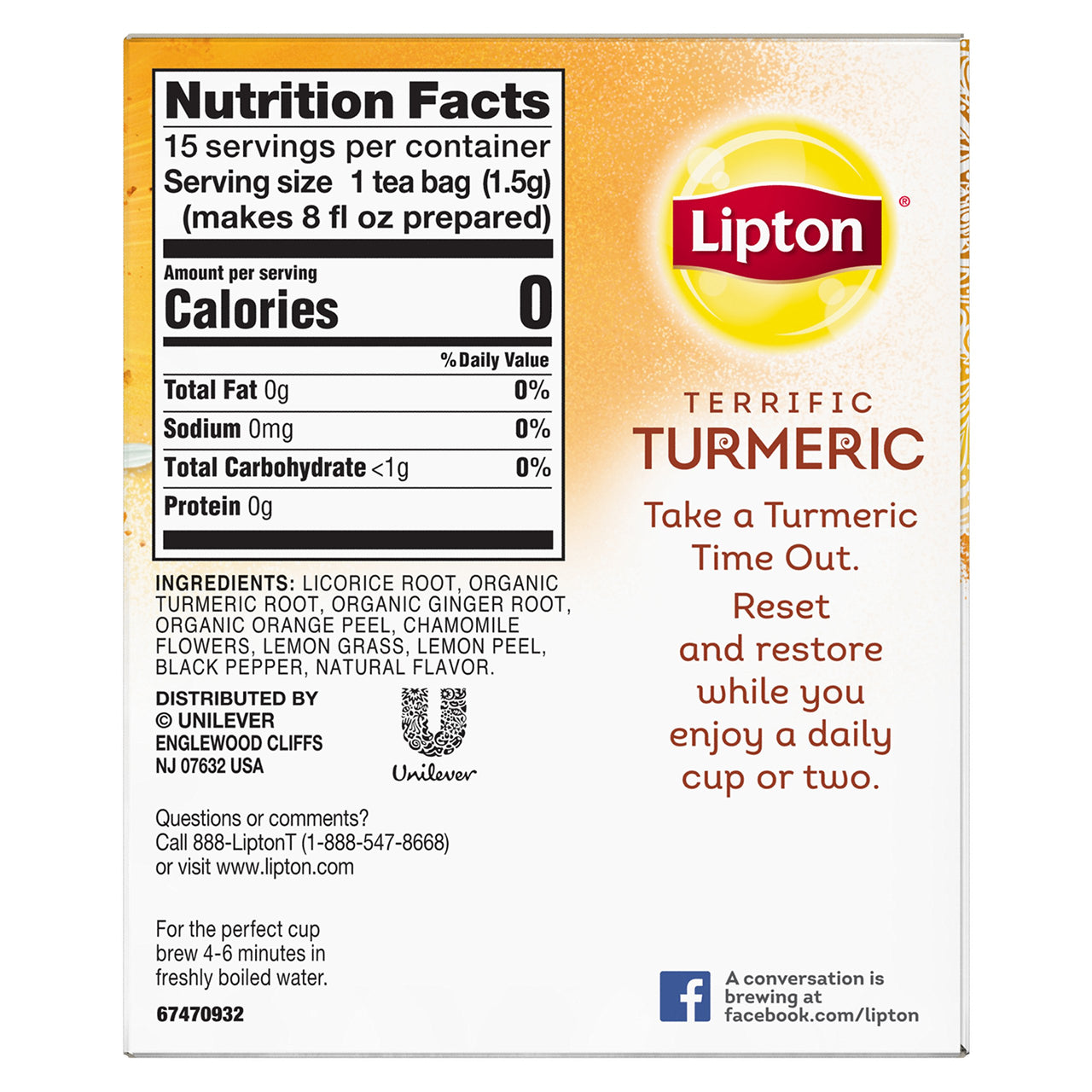 Lipton Herbal Tea Bags, Terrific Turmeric, 15 Count, Pack of 4