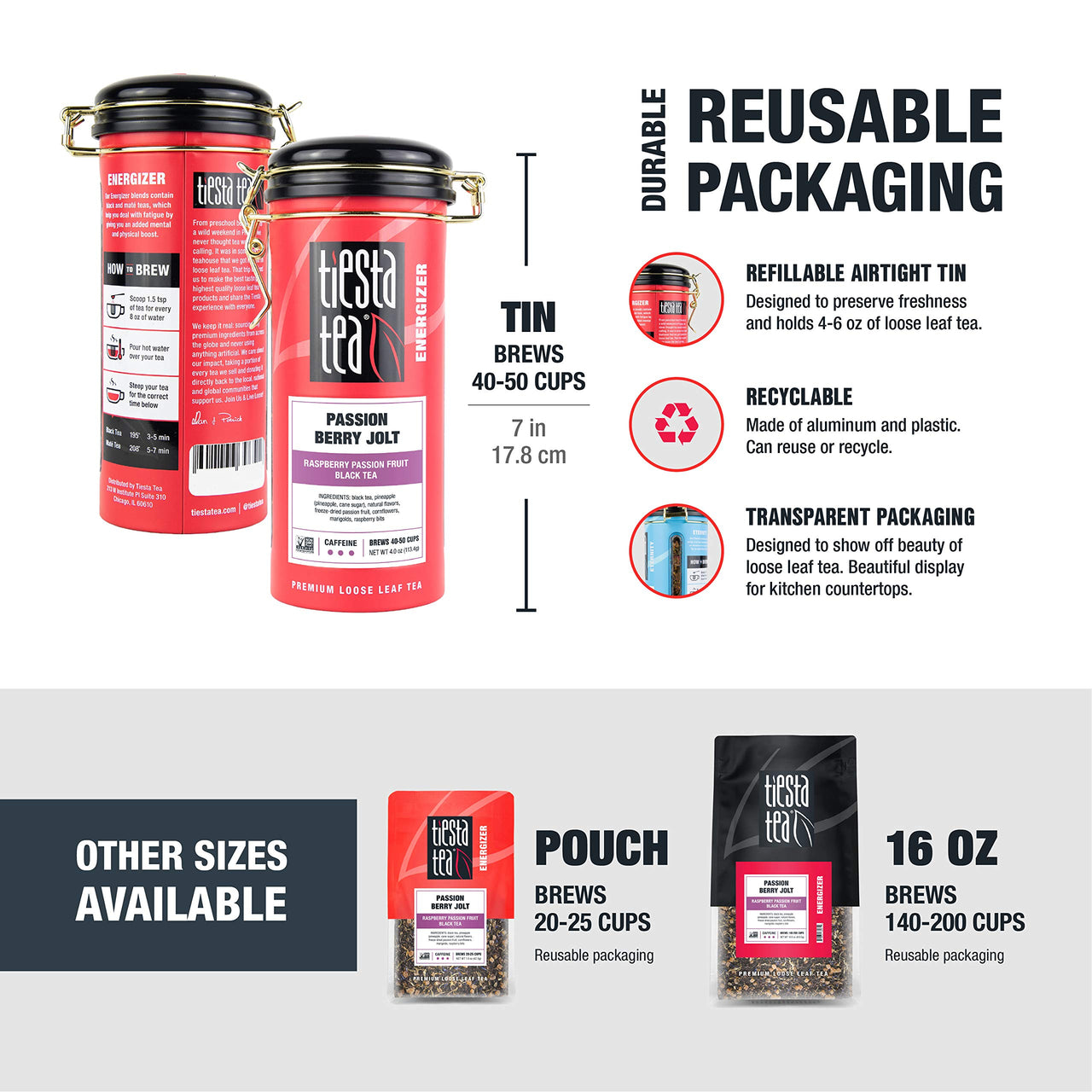 Tiesta Tea - Passion Berry Jolt, Loose Leaf Raspberry Passion Fruit Black Tea, High Caffeine, Hot & Iced Tea, 4 oz Tin - 50 Cups, Natural, Flavored, Black Tea Loose Leaf