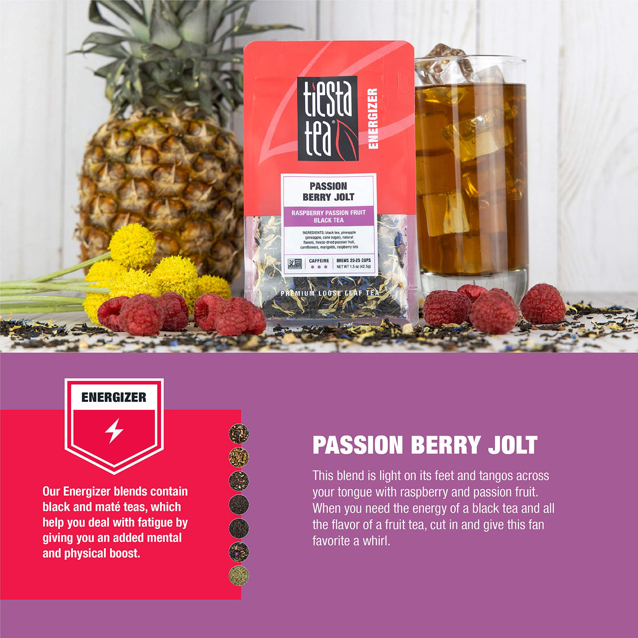Tiesta Tea - Passion Berry Jolt, Loose Leaf Raspberry Passion Fruit Black Tea, High Caffeine, Hot & Iced Tea, 1.5 oz Pouch - 25 Cups, Natural, Flavored, Black Tea Loose Leaf
