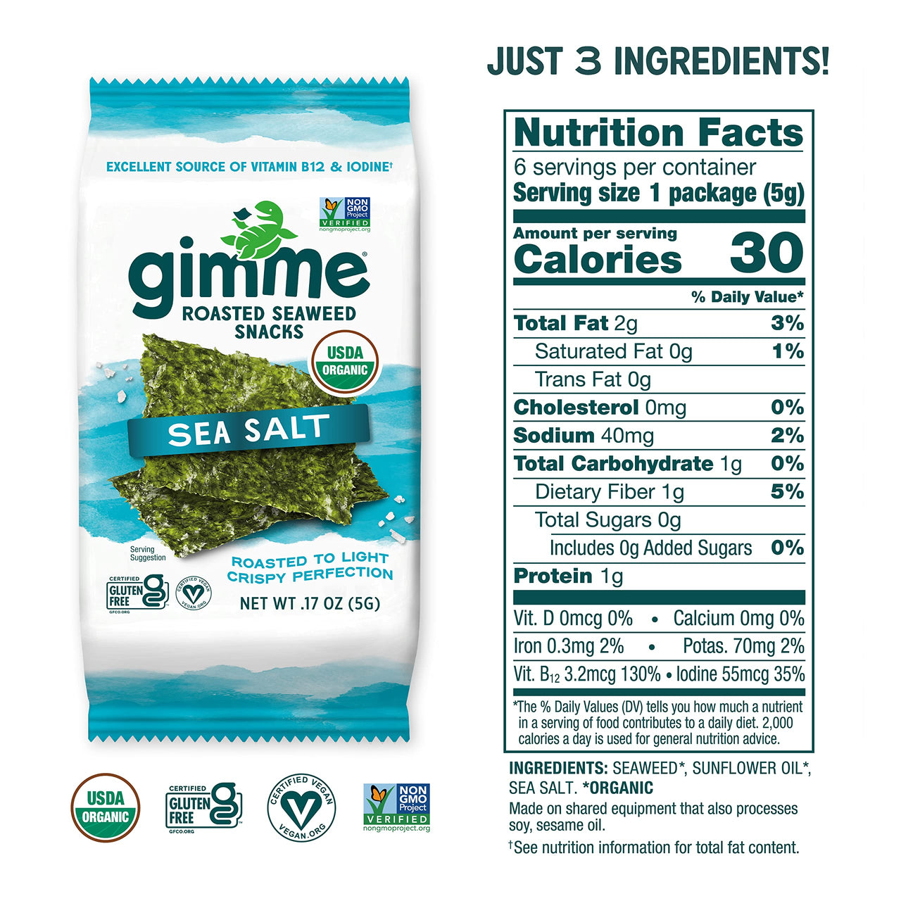 gimMe - Sea Salt - 6 Count - Organic Roasted Seaweed Sheets - Keto, Vegan, Gluten Free - Great Source of Iodine & Omega 3s - Healthy On-The-Go Snack for Kids Adults