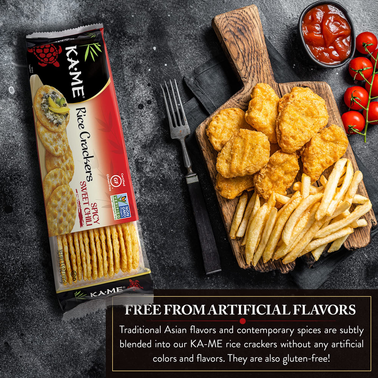 KA-ME Gluten Free Spicy Sweet Chili Rice Crackers 3.5 oz, Pack of 12, Authentic Asian Ingredients and Flavors, Certified Gluten Free Crackers, No Artificial Flavors/Colors, Non GMO Snacks, Served with Asian Salmon, Cream Cheese, Egg & Tuna Salad, Asian