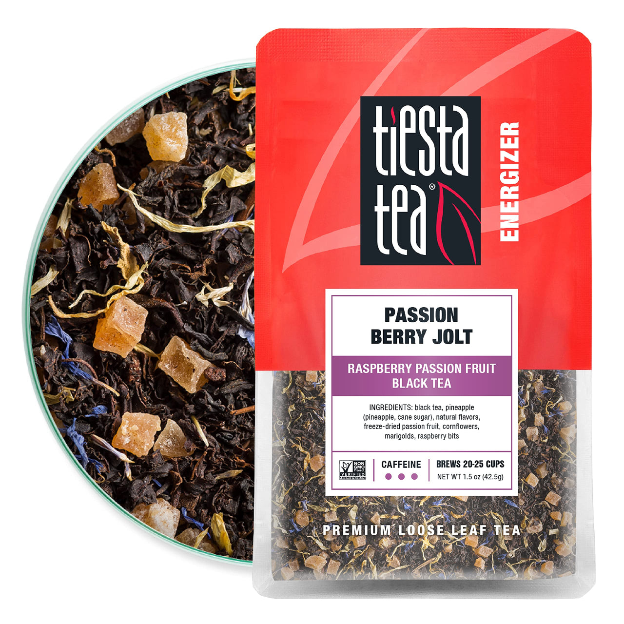 Tiesta Tea - Passion Berry Jolt, Loose Leaf Raspberry Passion Fruit Black Tea, High Caffeine, Hot & Iced Tea, 1.5 oz Pouch - 25 Cups, Natural, Flavored, Black Tea Loose Leaf