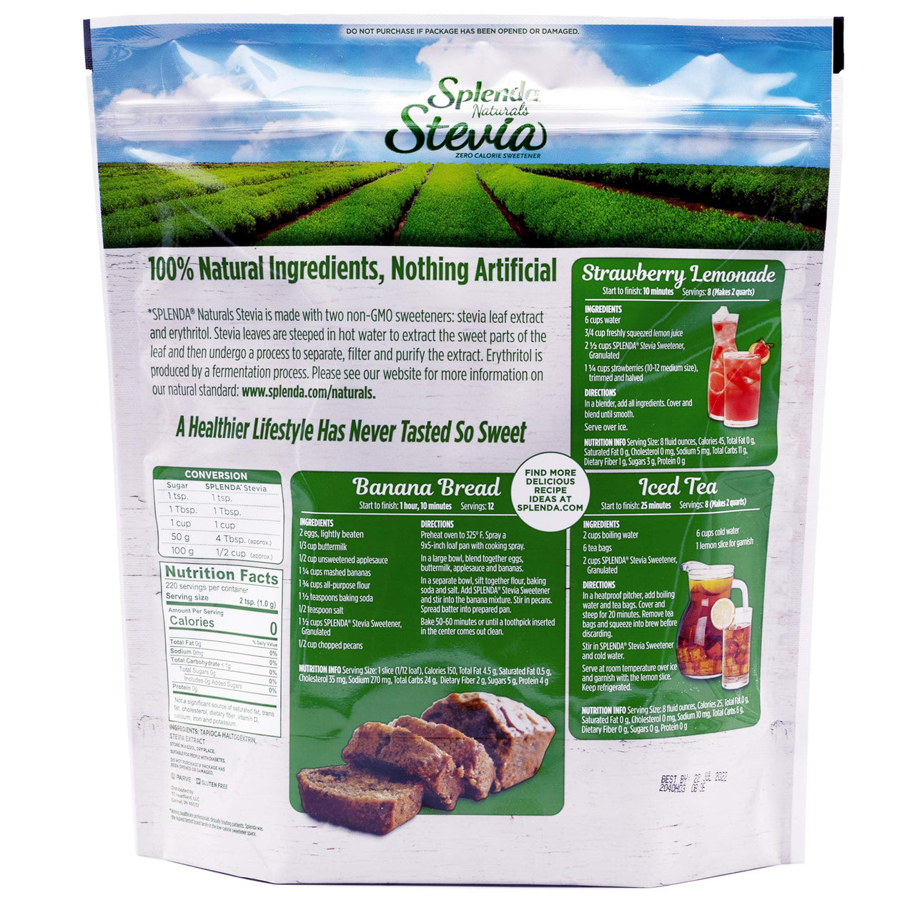 SPLENDA Stevia Zero Calorie Sweetener for Baking, Plant Based Sugar Substitute Granulated Powder, 7.8 oz Resealable Pouch