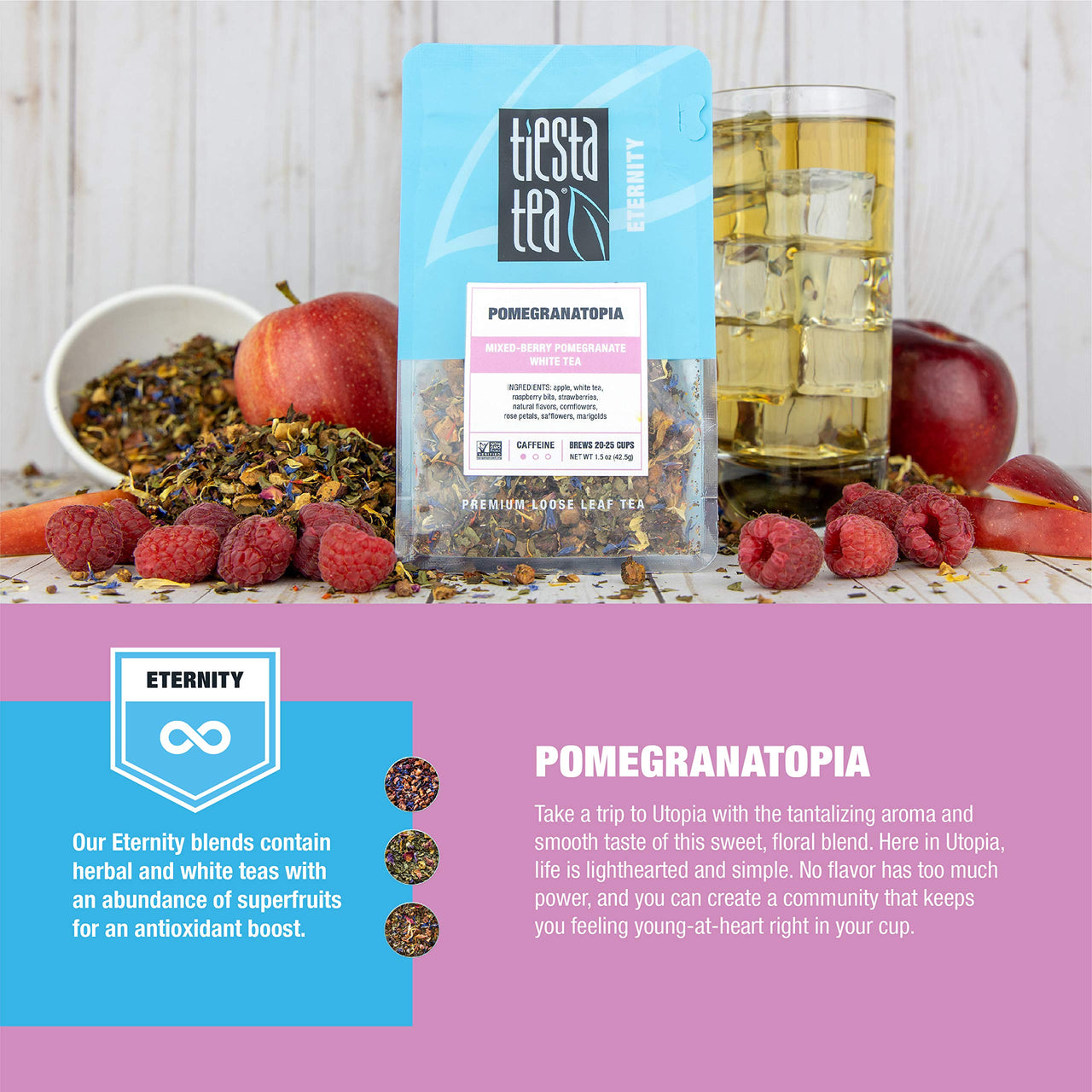 Tiesta Tea - Pomegranatopia, Loose Leaf Mixed-Berry Pomegranate White Tea, Low Caffeine, Hot & Iced Tea, 1.5 oz Pouch - 25 Cups, Natural, Flavored, White Tea Loose Leaf