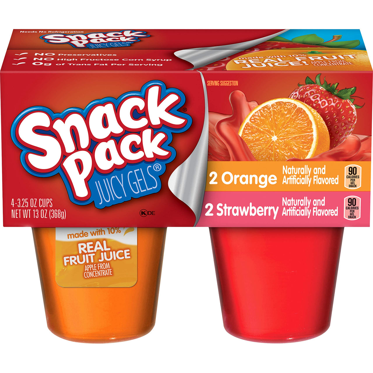 Snack Pack Juicy Gels Strawberry And Orange, 4 Cups of 3.25 Oz. each, Total 13 Ounce