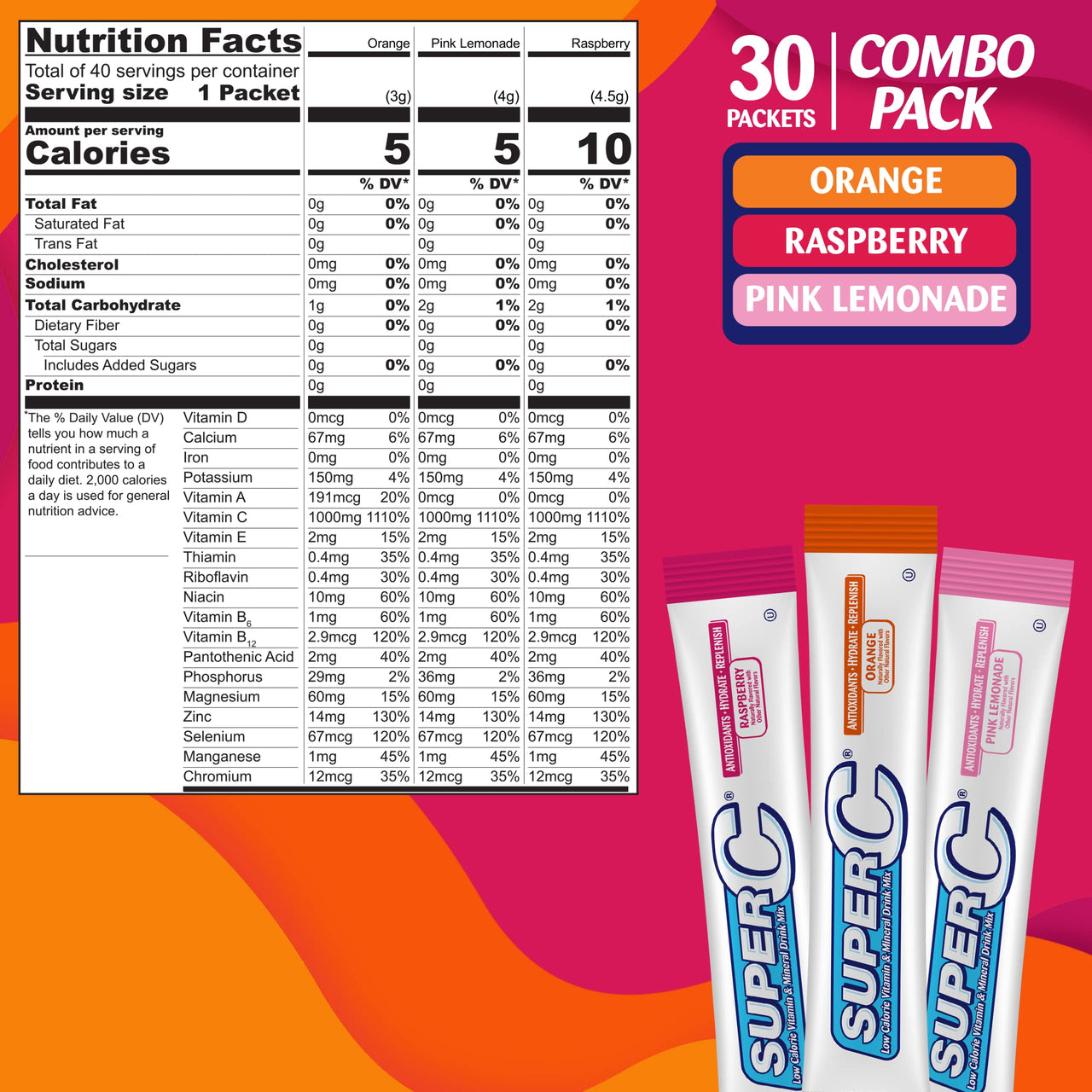 Super C Singles to Go Powder Packets, Water Drink Mix, Variety Pack, Orange, Raspberry & Pink Lemonade, On-The-Go, 30 Count