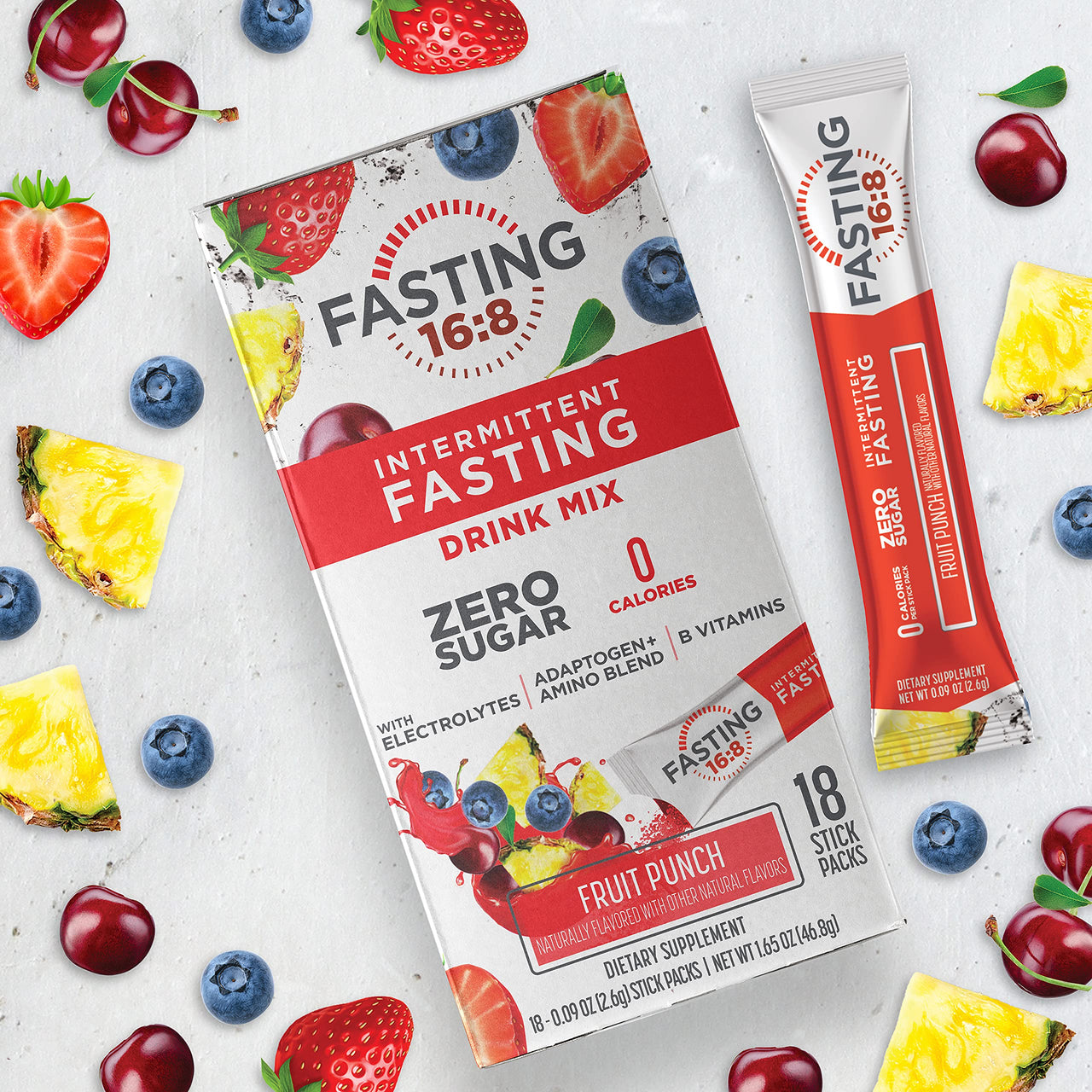Fasting 16:8 Intermittent Fasting Drink Mix - 0 Sugar - 0 Calories - Fruit Punch Flavor - 18 Stick Packs - Pantry Friendly,Red