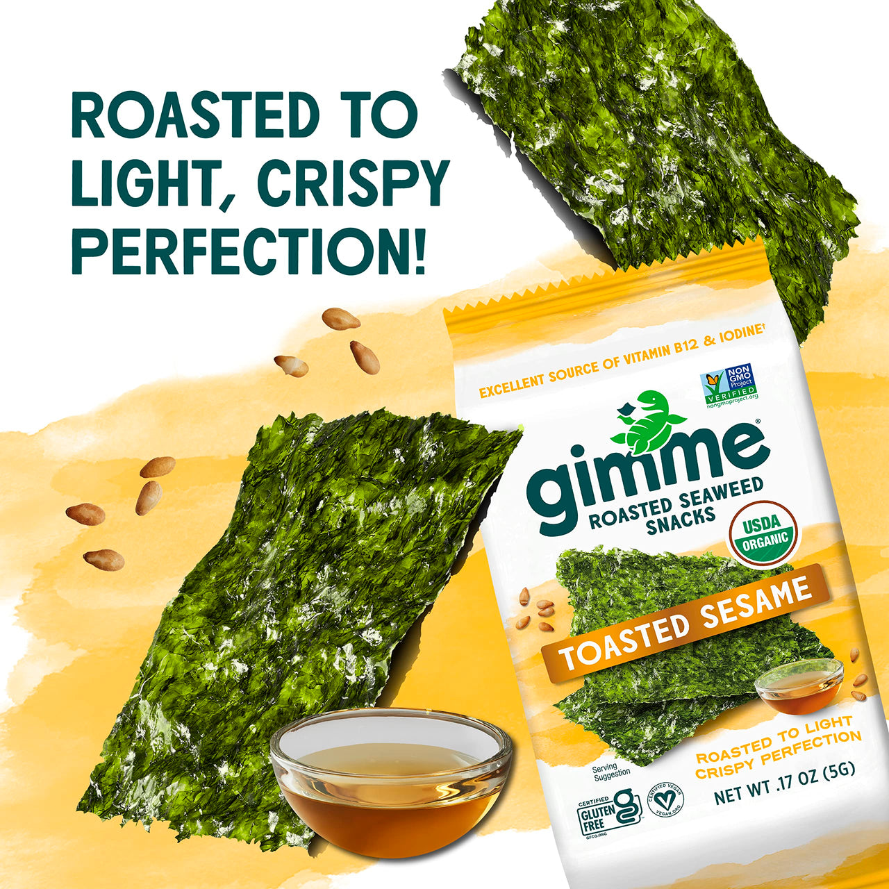 gimMe - Toasted Sesame - 12 Count - Organic Roasted Seaweed Sheets - Keto, Vegan, Gluten Free - Great Source of Iodine & Omega 3s - Healthy On-The-Go Snack for Kids & Adults