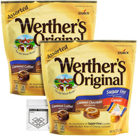 Werther's  Original Sugar Free Assorted Candy Pack of 2 Bags of Hard Candy (7.7oz Each) - 3 Flavors: Coffee, Chocolate, Caramel - Bundle with Ballard Products Pocket Bag