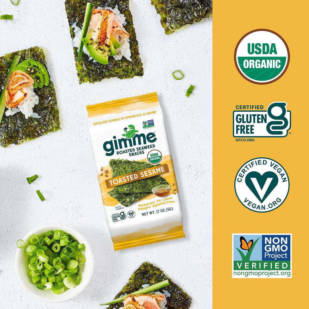 gimMe - Toasted Sesame - 12 Count - Organic Roasted Seaweed Sheets - Keto, Vegan, Gluten Free - Great Source of Iodine & Omega 3s - Healthy On-The-Go Snack for Kids & Adults