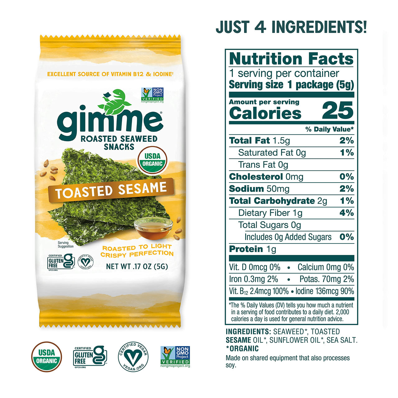 gimMe - Toasted Sesame - 12 Count - Organic Roasted Seaweed Sheets - Keto, Vegan, Gluten Free - Great Source of Iodine & Omega 3s - Healthy On-The-Go Snack for Kids & Adults