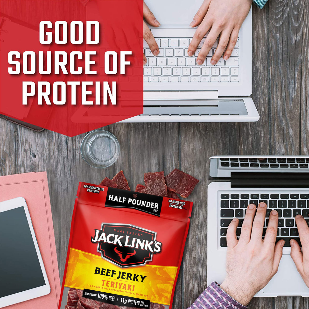 Jack Link's  Beef Jerky, Teriyaki,  Pounder Bag - Flavorful Meat Snack, 11g of Protein and 80 Calories, Made with Premium Beef - 96 Percent Fat Free, No Added MSG** or Nitrates/Nitrites