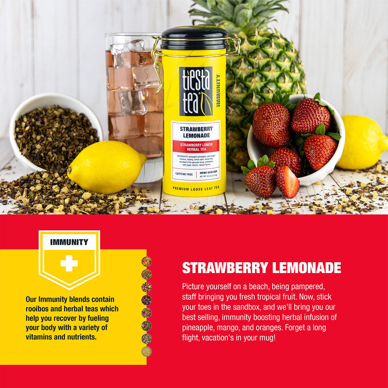 Tiesta Tea - Strawberry Lemonade, Loose Leaf Strawberry Lemon Herbal Tea, Non-Caffeine, Hot & Ice Tea, 4 oz Tin - 50 Cups, Natural Flavored, Herbal Tea Loose Leaf Blend