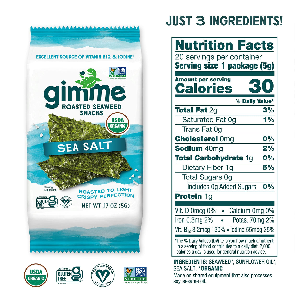gimMe - Sea Salt - 20 Count - Organic Roasted Seaweed Sheets - Keto, Vegan, Gluten Free - Great Source of Iodine & Omega 3s - Healthy On-The-Go Snack for Kids & Adults