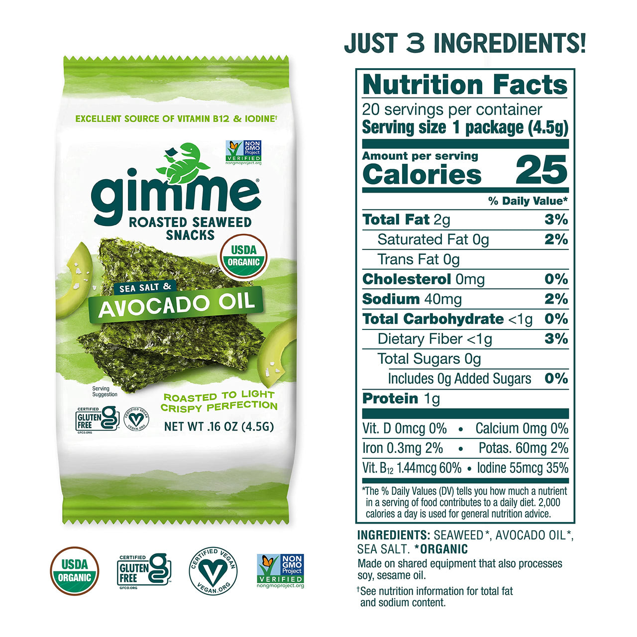 gimMe - Sea Salt & Avocado Oil - 20 Count - Organic Roasted Seaweed Sheets - Keto, Vegan, Gluten Free - Great Source of Iodine & Omega 3s - Healthy On-The-Go Snack for Kids & Adults