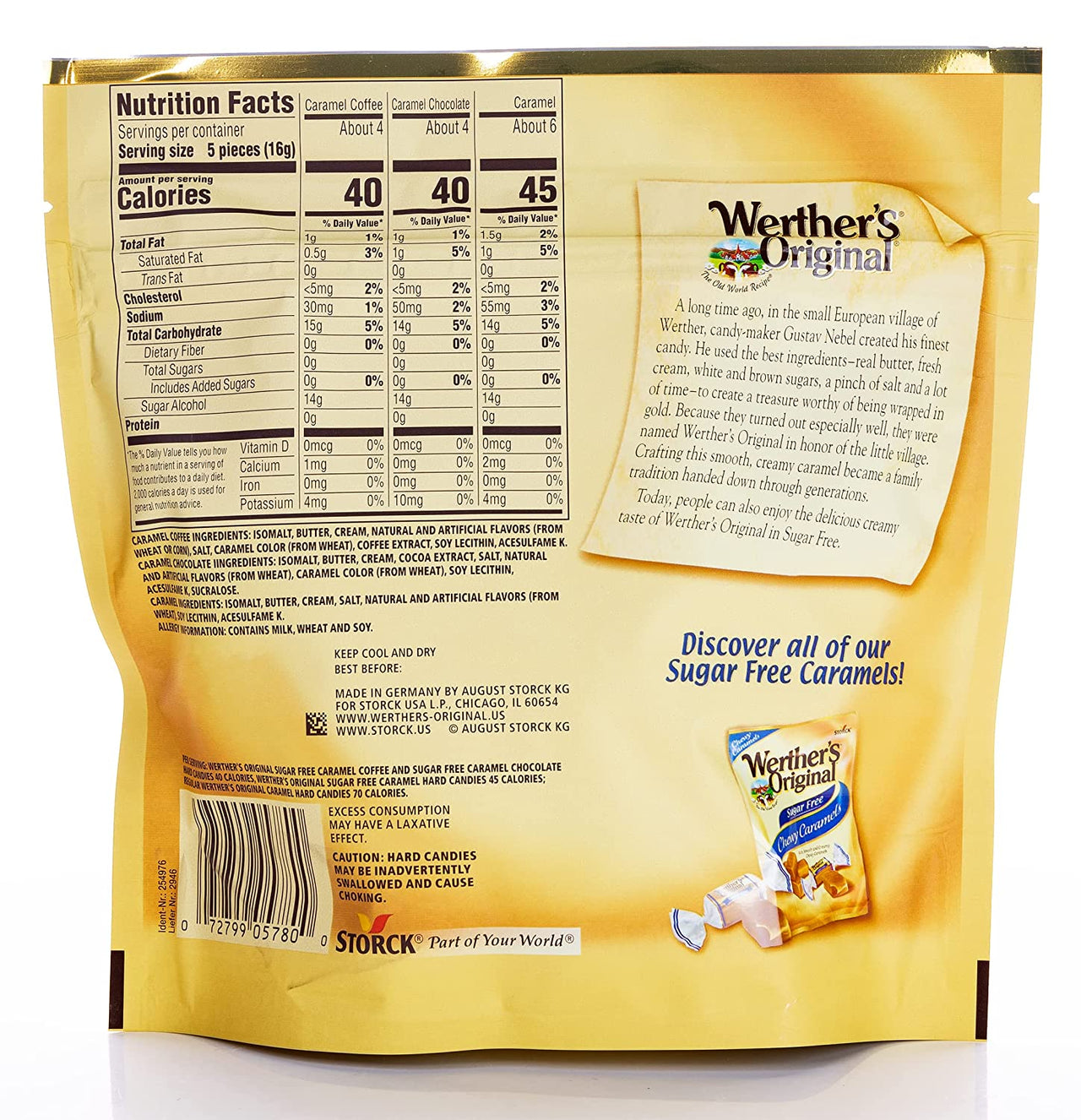 Werther's  Original Sugar Free Assorted Candy Pack of 2 Bags of Hard Candy (7.7oz Each) - 3 Flavors: Coffee, Chocolate, Caramel - Bundle with Ballard Products Pocket Bag
