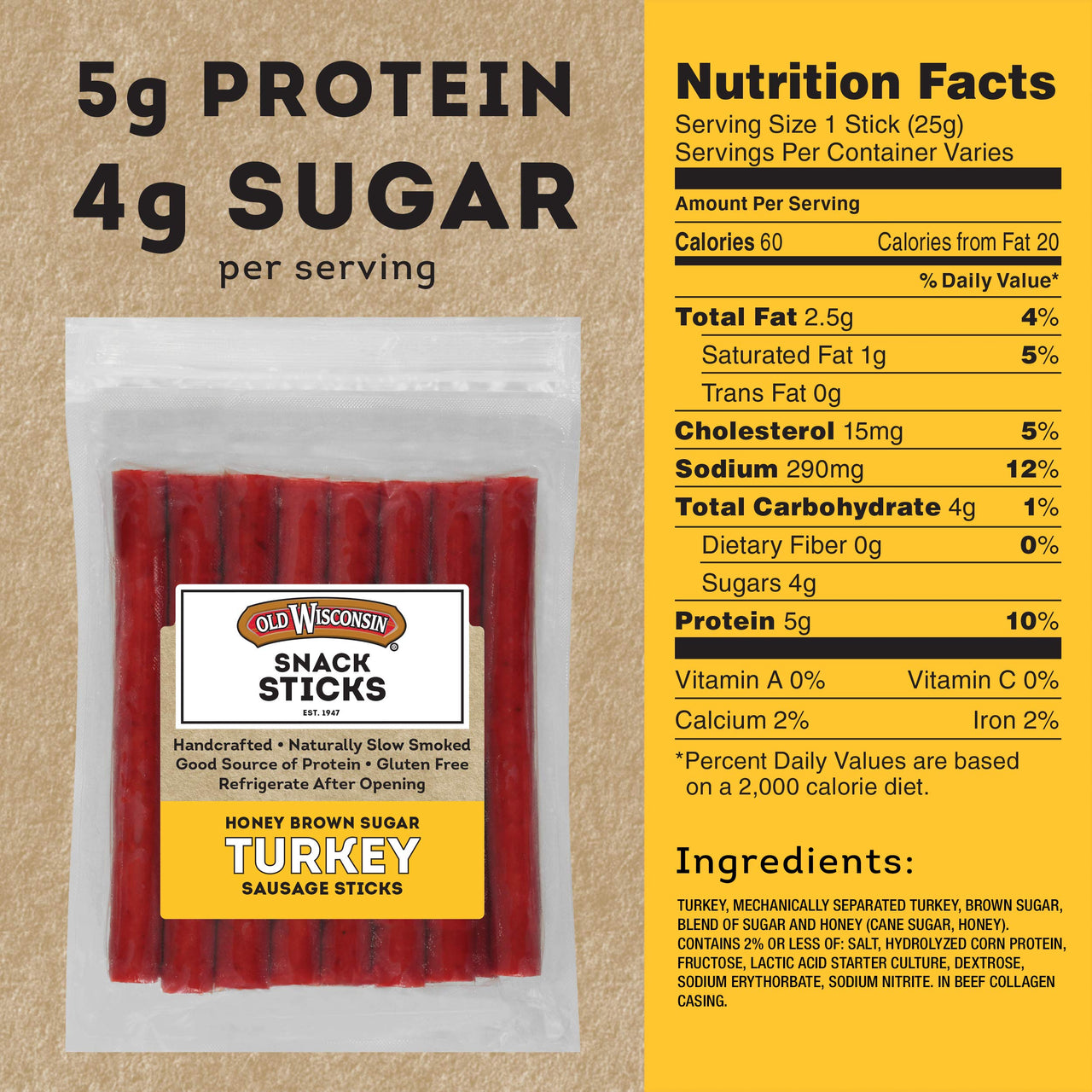 Old Wisconsin Honey Brown Sugar Turkey Sausage Snack Sticks, Naturally Smoked, Ready to Eat, High Protein, Low Carb, Keto, Gluten Free, 16 Ounce Resealable Package, Honey Turkey