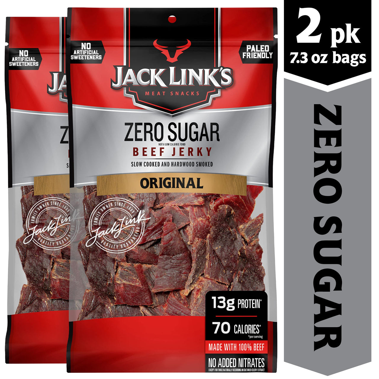 Jack Link's  Beef Jerky, Zero Sugar, Paleo Friendly Snack with No Artificial Sweeteners, 13g of Protein and 70 Calories Per Serving, No Sugar Everyday Snack, 7.3 oz (Pack of 2)