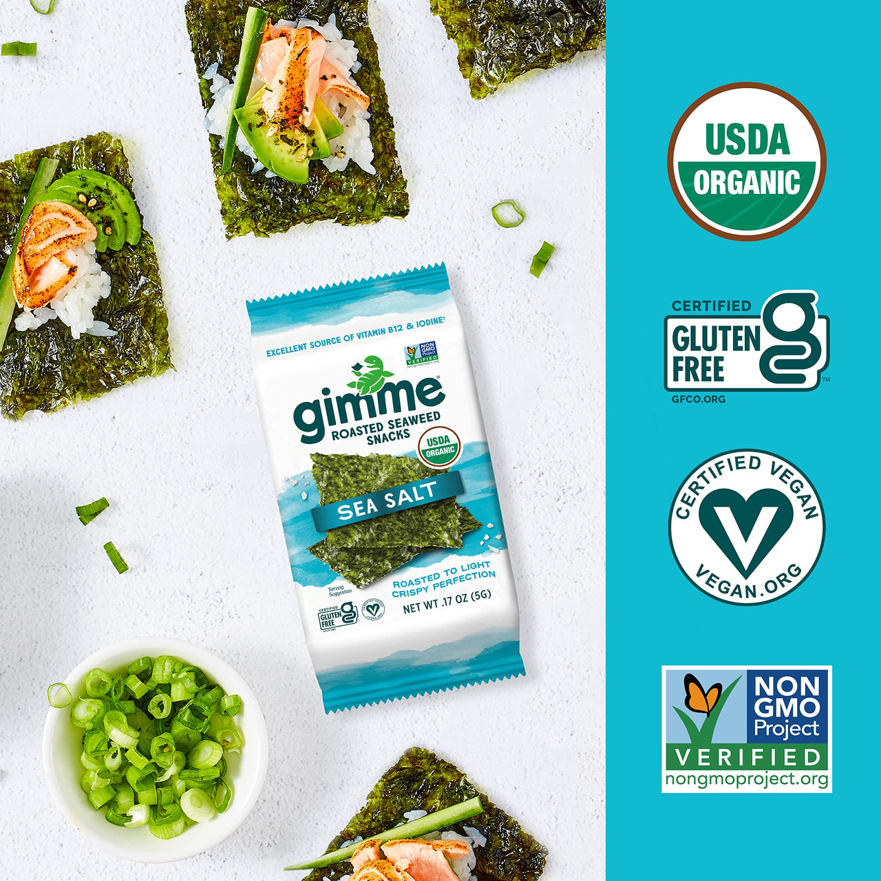 gimMe - Sea Salt - 6 Count - Organic Roasted Seaweed Sheets - Keto, Vegan, Gluten Free - Great Source of Iodine & Omega 3s - Healthy On-The-Go Snack for Kids Adults