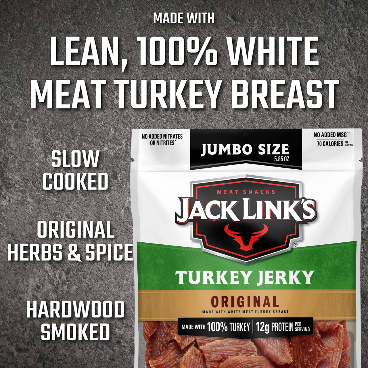 Jack Links Turkey Jerky, Original  Flavorful Meat Snack with 12g of Protein and 70 Calories, Made with 100% Turkey - 96% Fat Free, No Added MSG** or Nitrates/Nitrites, 5.85 oz. Sharing Size Bag