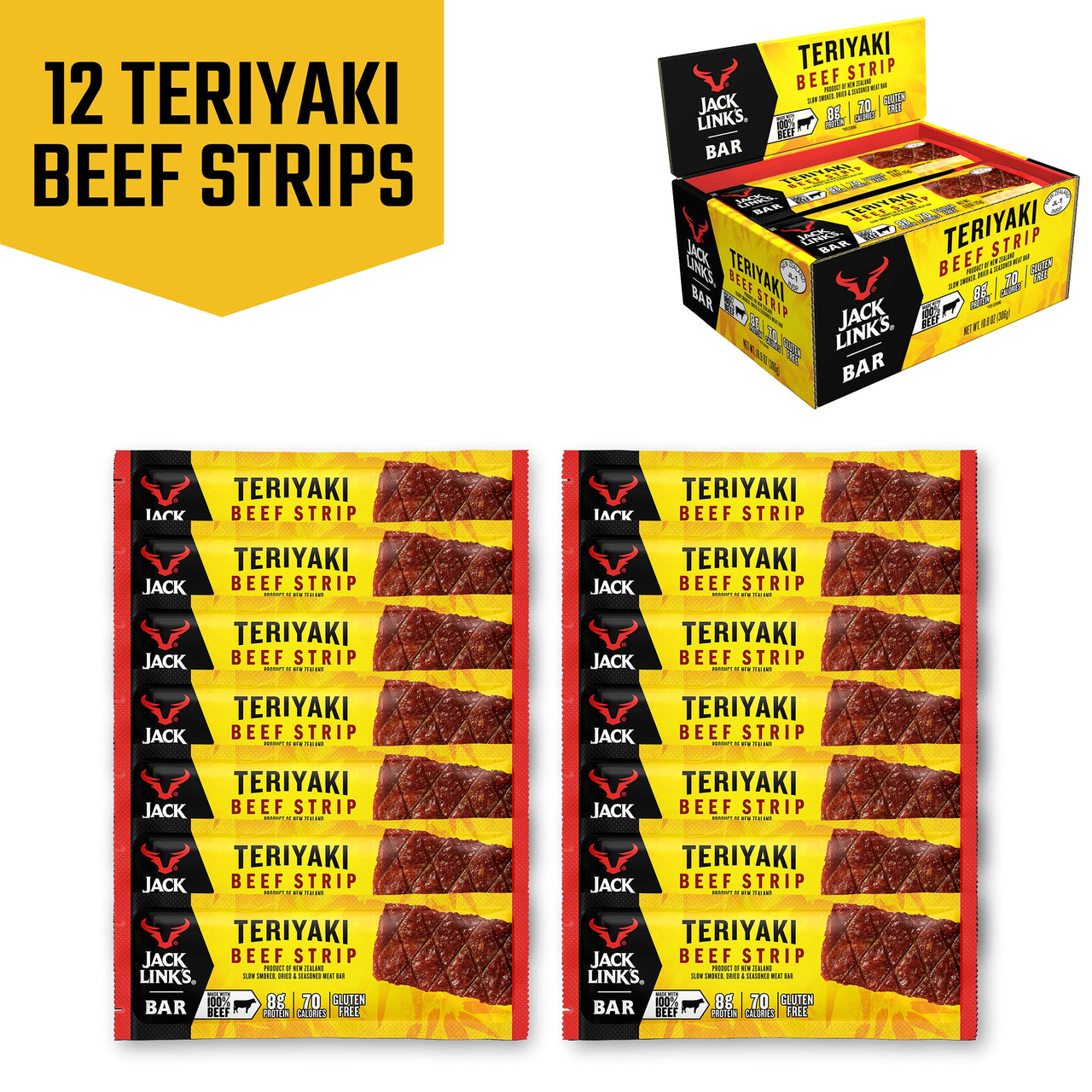 Jack Link's  Beef Jerky Bars, Teriyaki - 8g of Protein and 80 Calories Per Protein Bar, Made with Premium Beef, No added MSG - Keto Friendly and Gluten Free Snacks (Pack of 12)