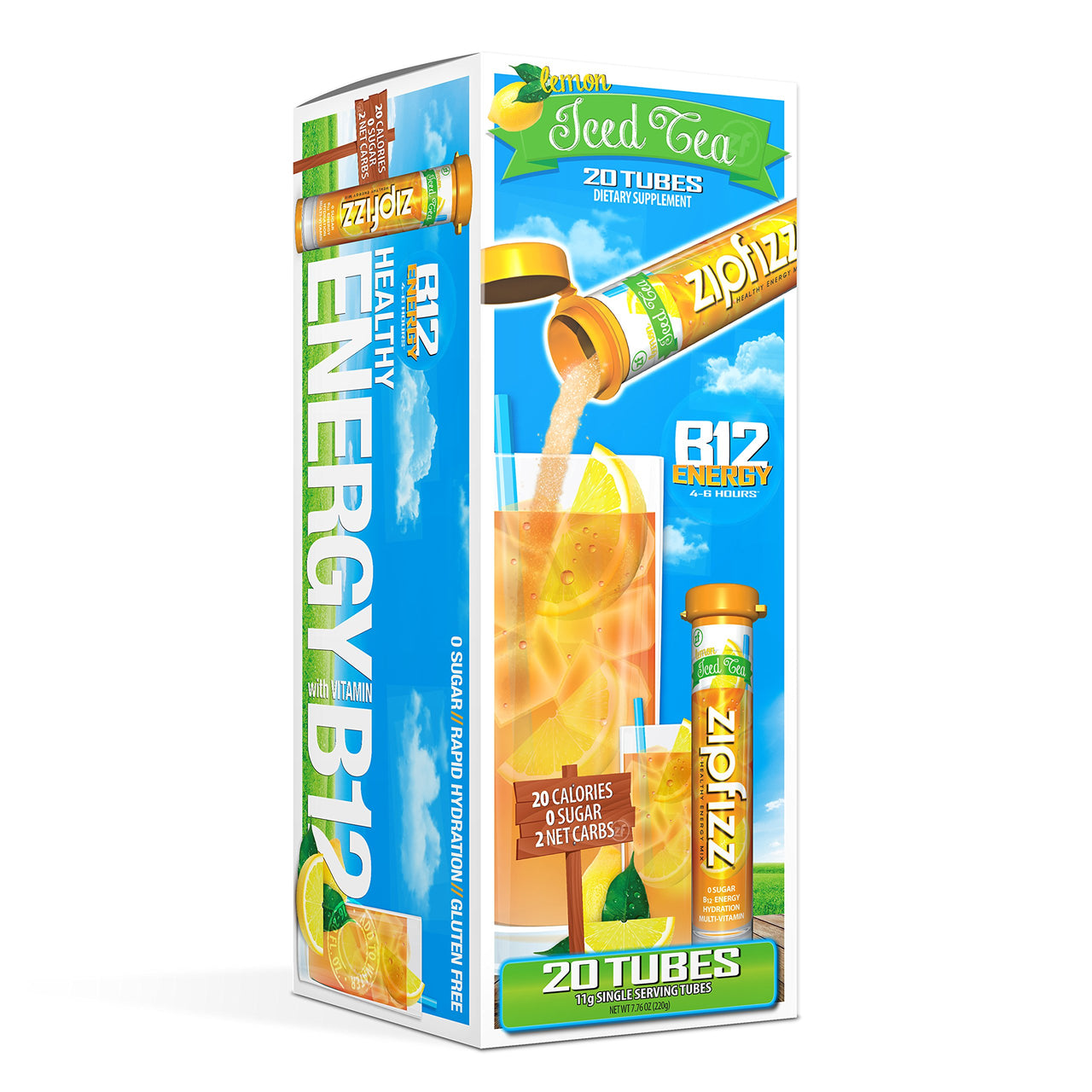 Zipfizz Energy Drink Mix, Electrolyte Hydration Powder with B12 and Multi Vitamin, Lemon Iced Tea (20 Pack)