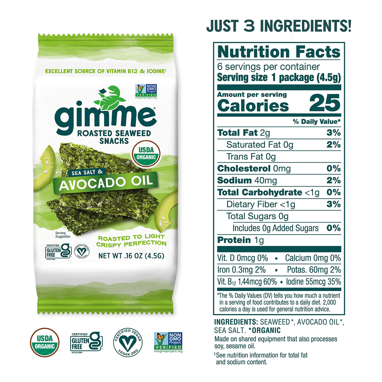 gimMe - Sea Salt & Avocado Oil - 6 Count - Organic Roasted Seaweed Sheets - Keto, Vegan, Gluten Free - Great Source of Iodine & Omega 3s - Healthy On-The-Go Snack for Kids & Adults