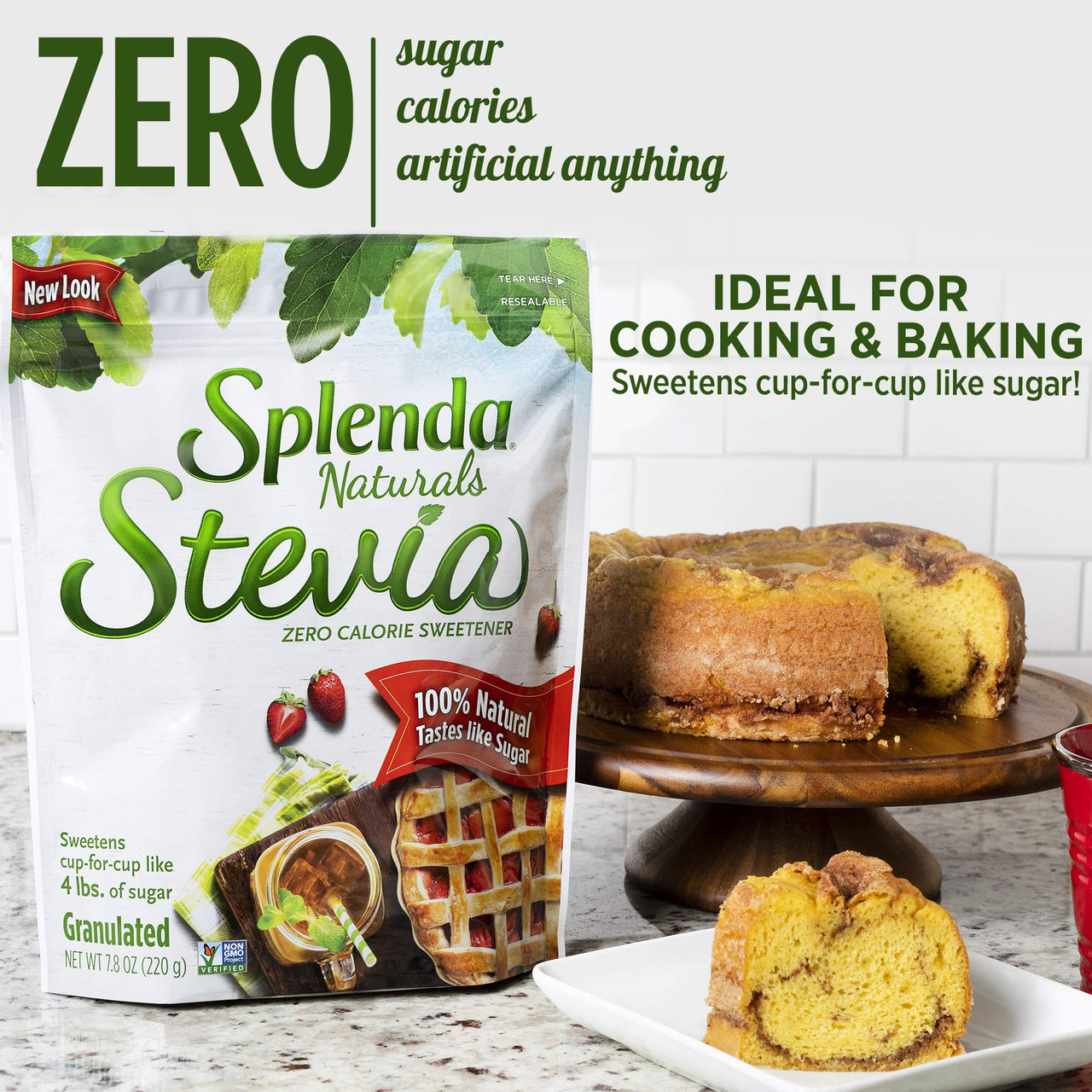 SPLENDA Stevia Zero Calorie Sweetener for Baking, Plant Based Sugar Substitute Granulated Powder, 7.8 oz Resealable Pouch